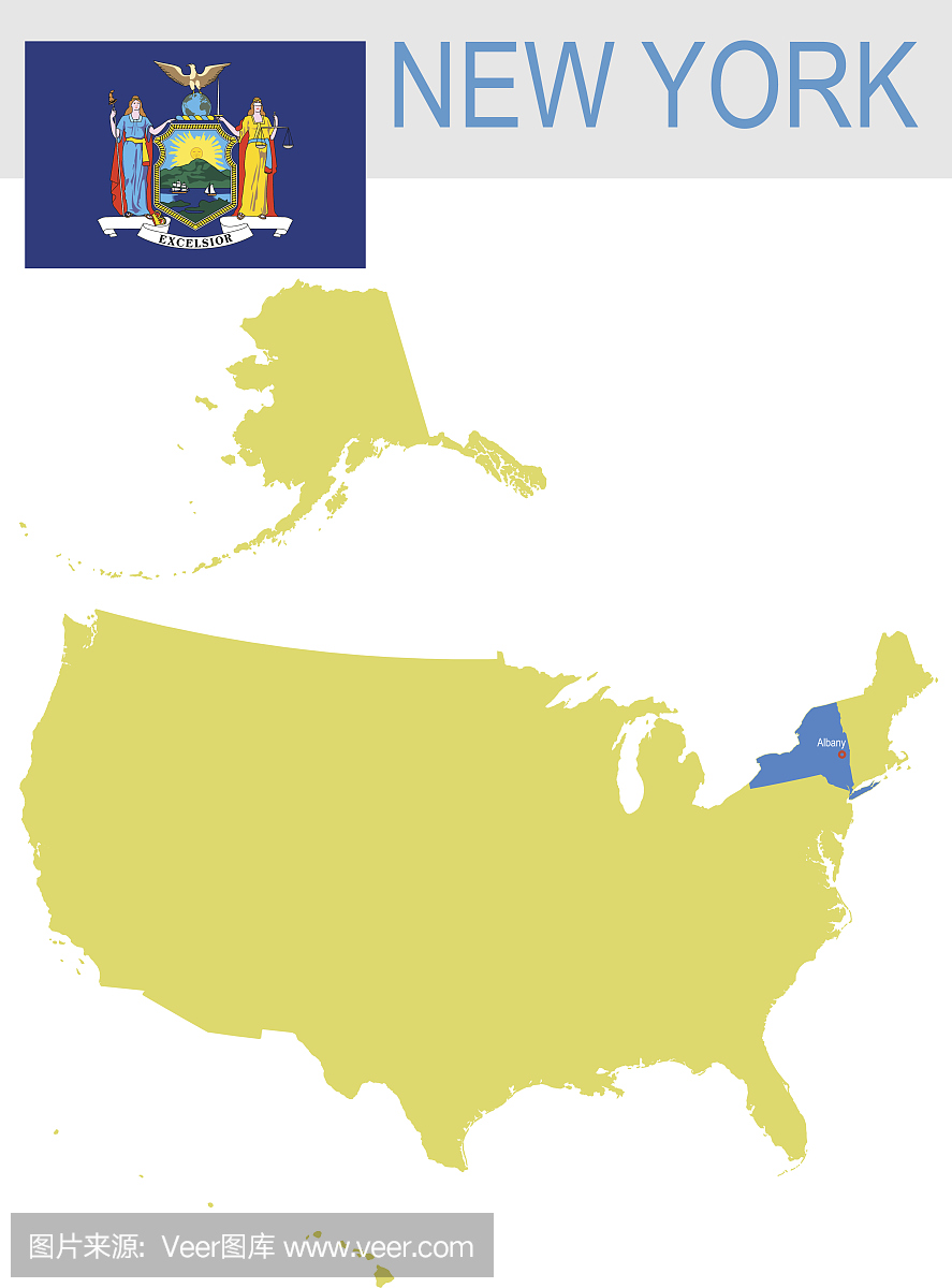 美国纽约州的地图和国旗