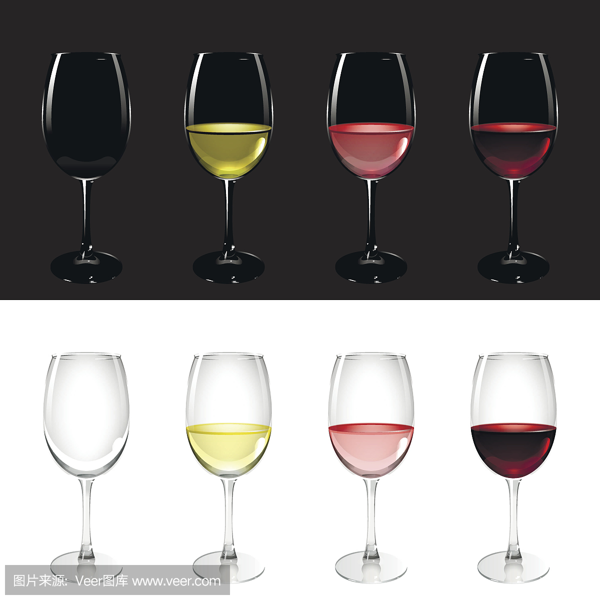 Wineglass with White, Pink and Red Wine