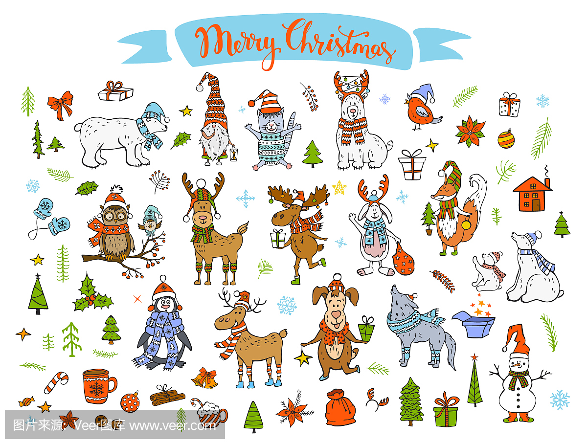 圣诞快乐新年快乐冬季卡通可爱有趣的动物在圣