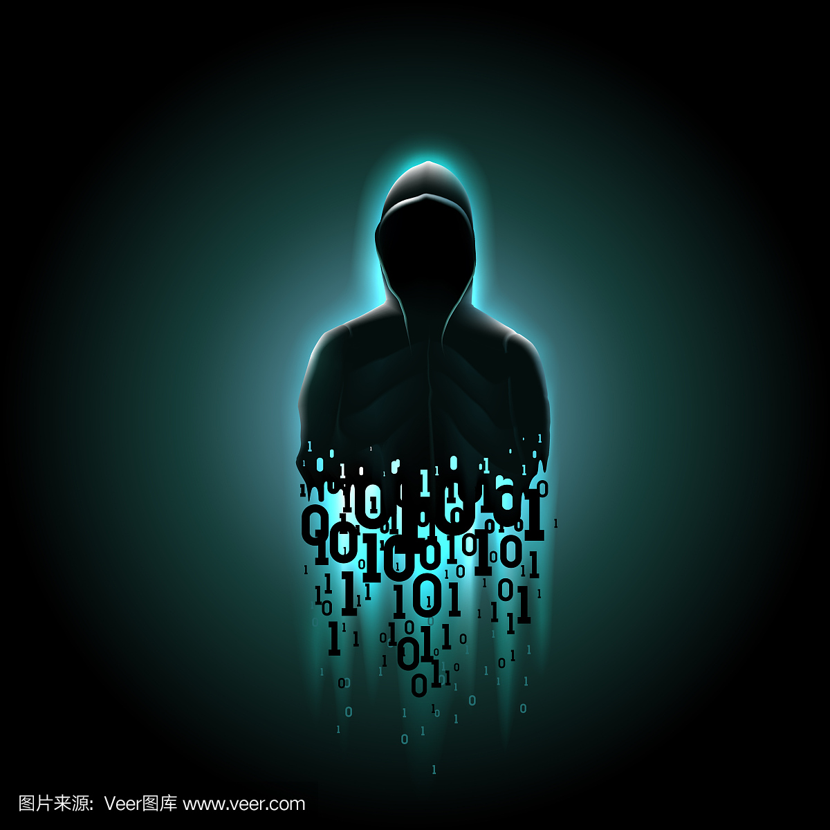 一个黑客在黑色背景上的二进制代码发光的蓝色