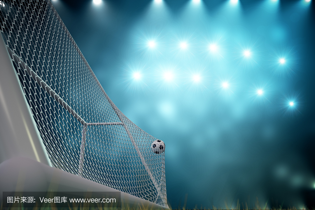 3d渲染足球在目标中。足球在网与聚光灯和体