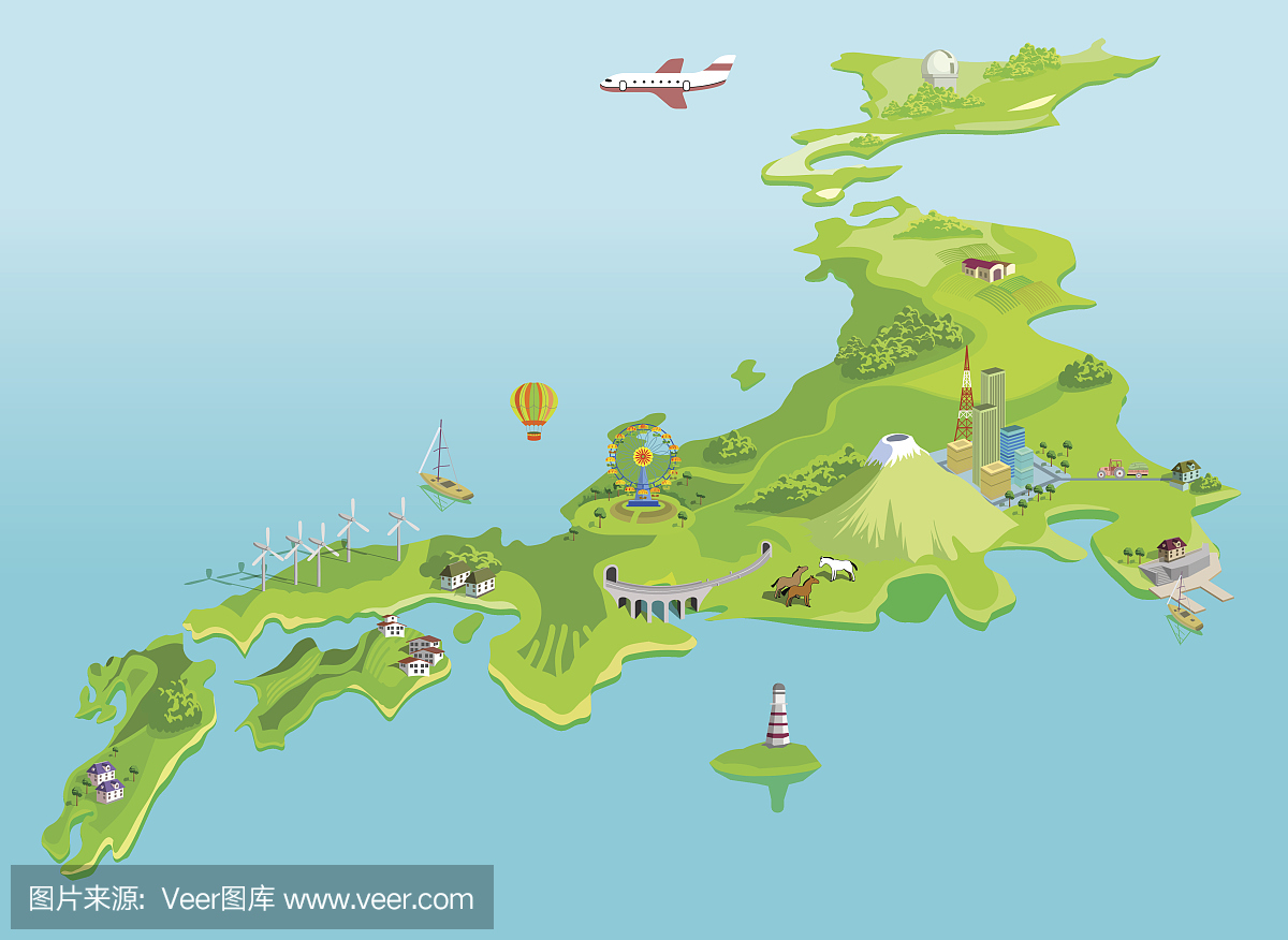 半抽象日本地图。生态岛Fudzijama