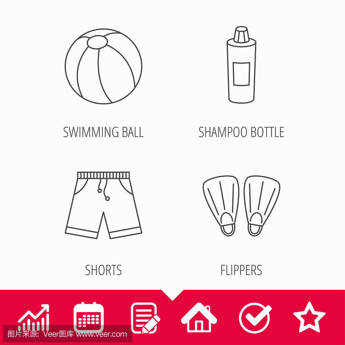 Flippers, swimming ball and trunks icons.