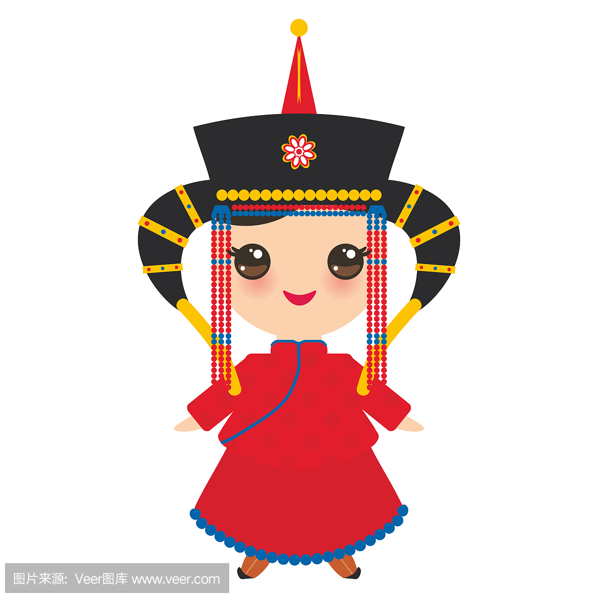 红色的民族服装和帽子的蒙古女孩。在白色背景