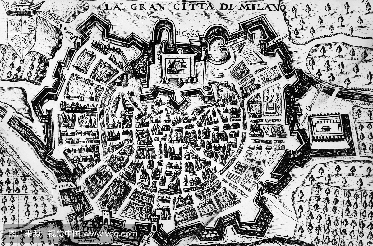 米兰大城市,意大利米兰地图的雕刻,17世纪