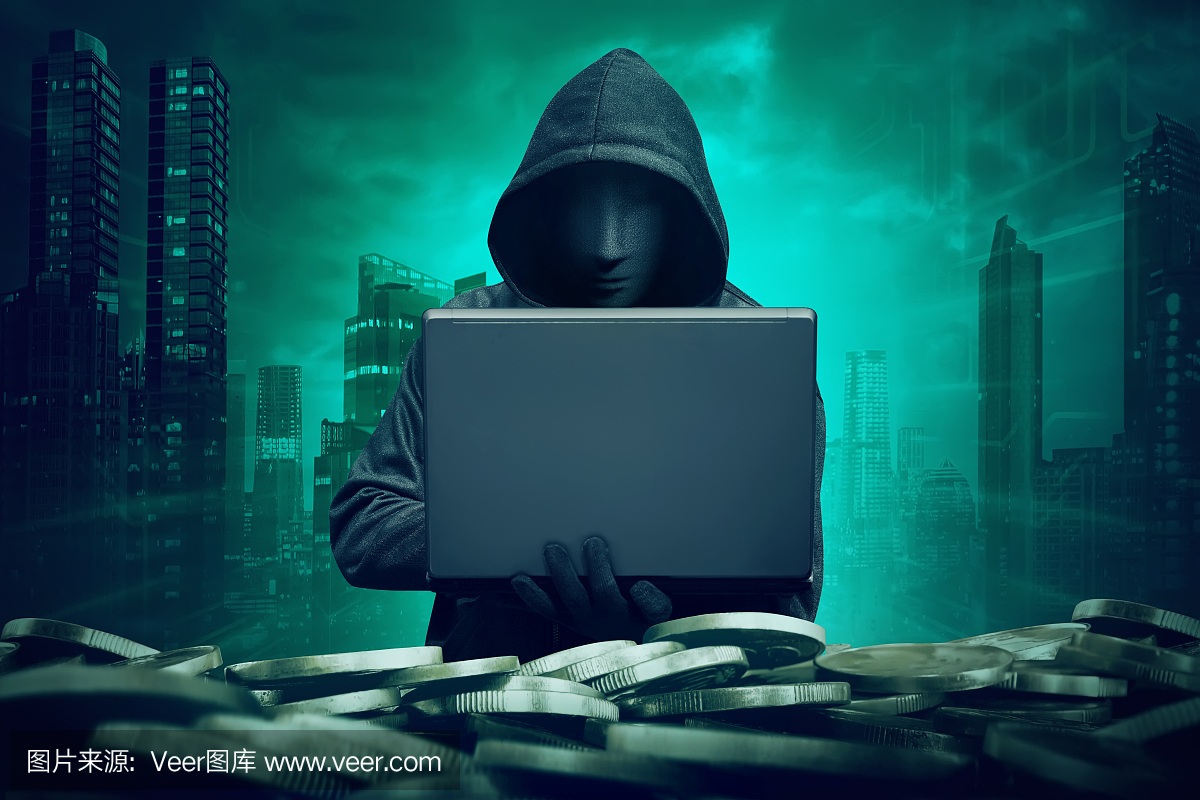 戴着面具的黑色黑客用笔记本电脑去黑客银行
