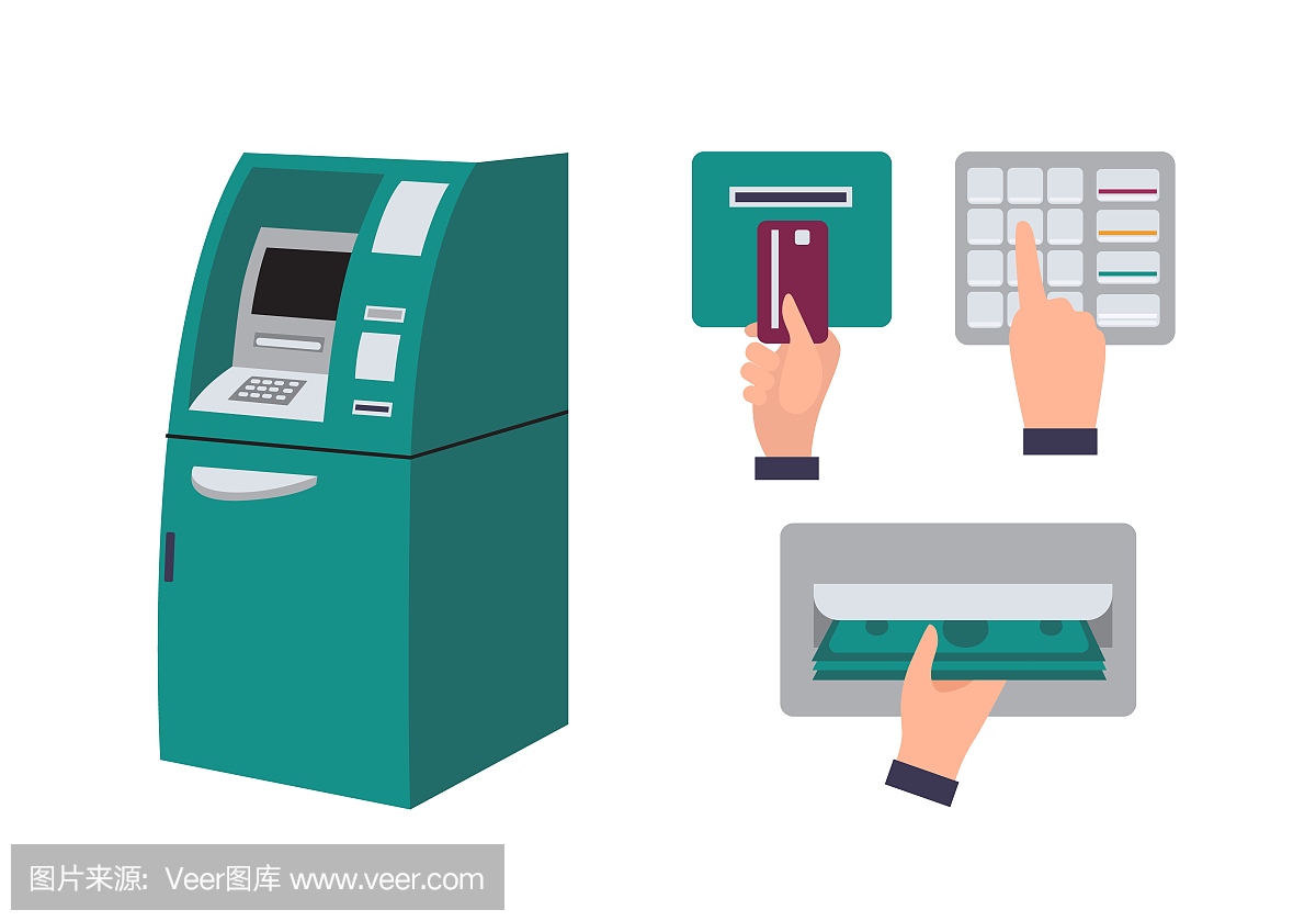 自动取款机和手将信用卡插入ATM插槽,输入PI
