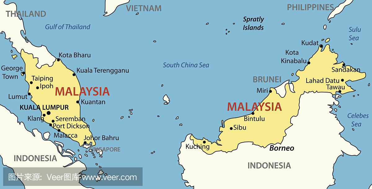 马来西亚 - 矢量地图