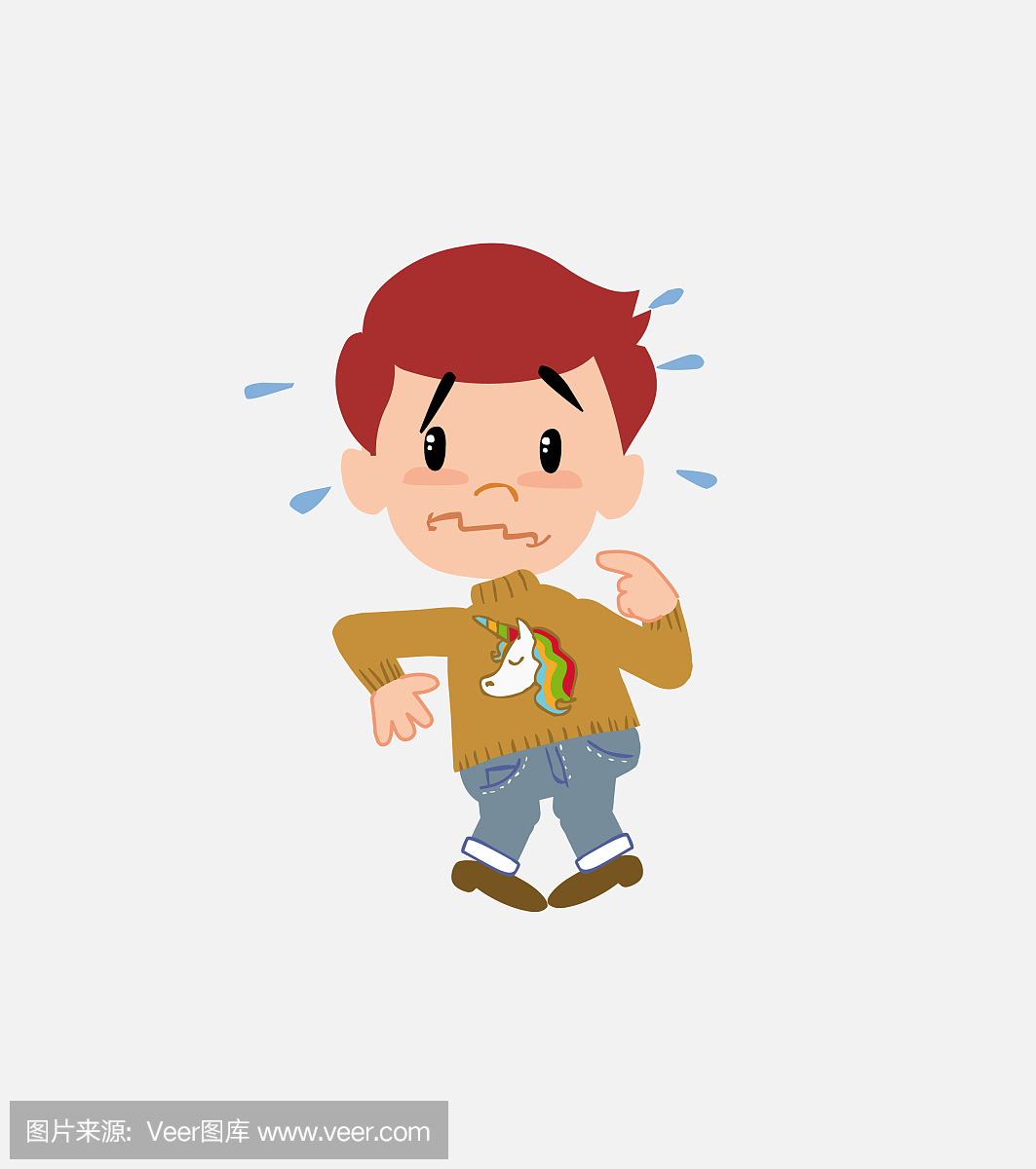 White boy with a unicorn pullover, scared.