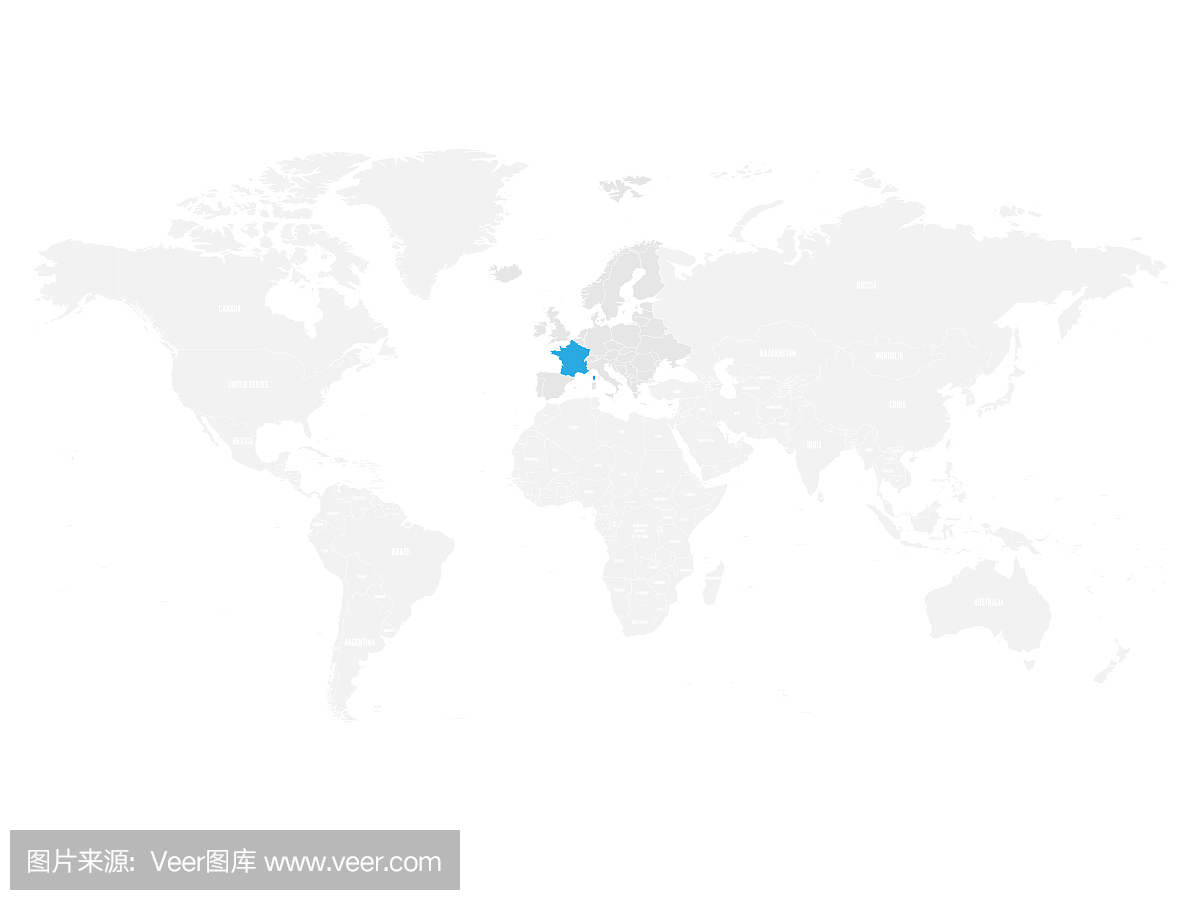 法国以灰色世界政治地图中的蓝色标记。矢量图