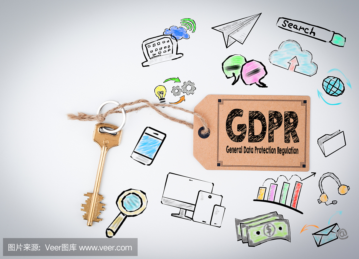 GDPR一般数据保护监管概念。关键和白色背景
