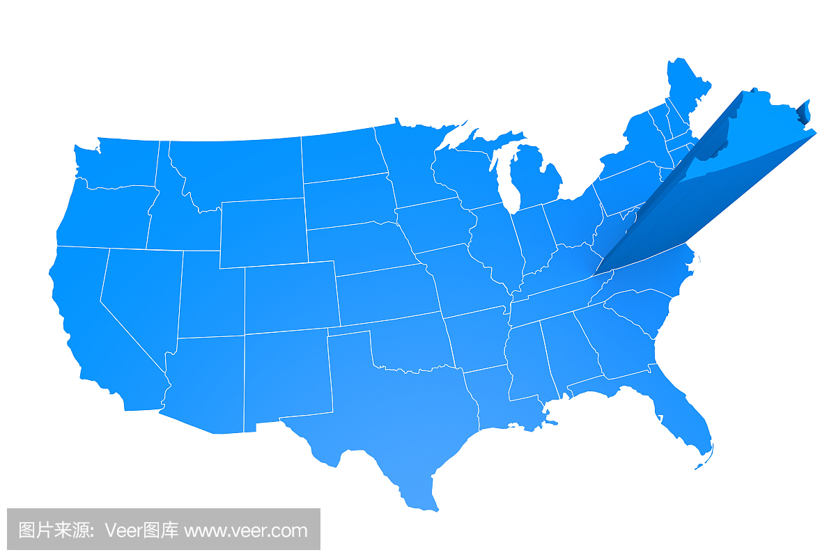 美国地图专注于弗吉尼亚州地区
