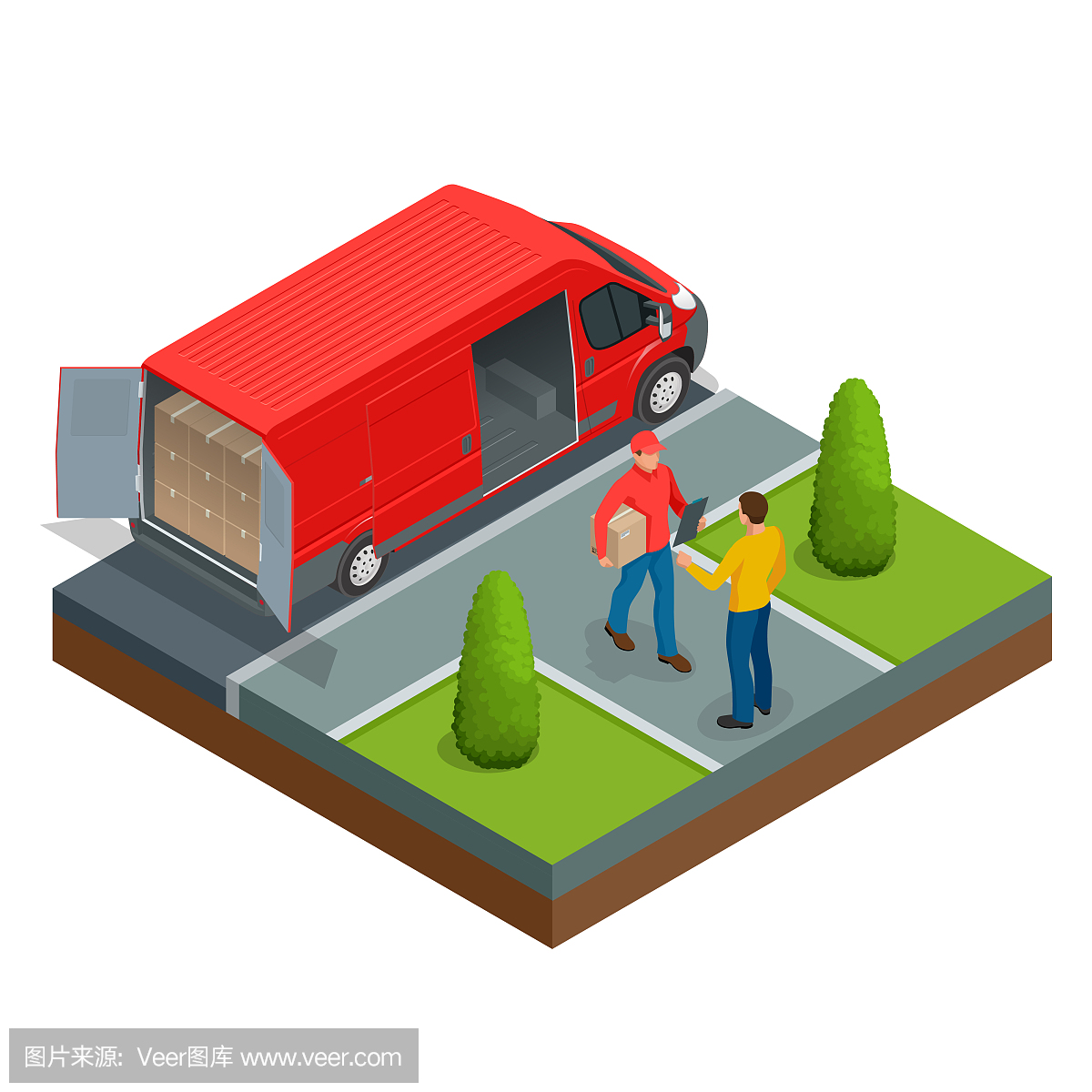 等距快递的概念。男人接受送货员送货的箱子。