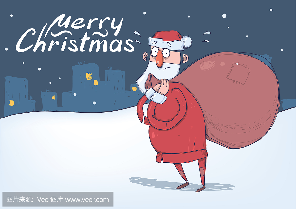 搞笑困惑的圣诞老人与大包在雪夜城市背景上的