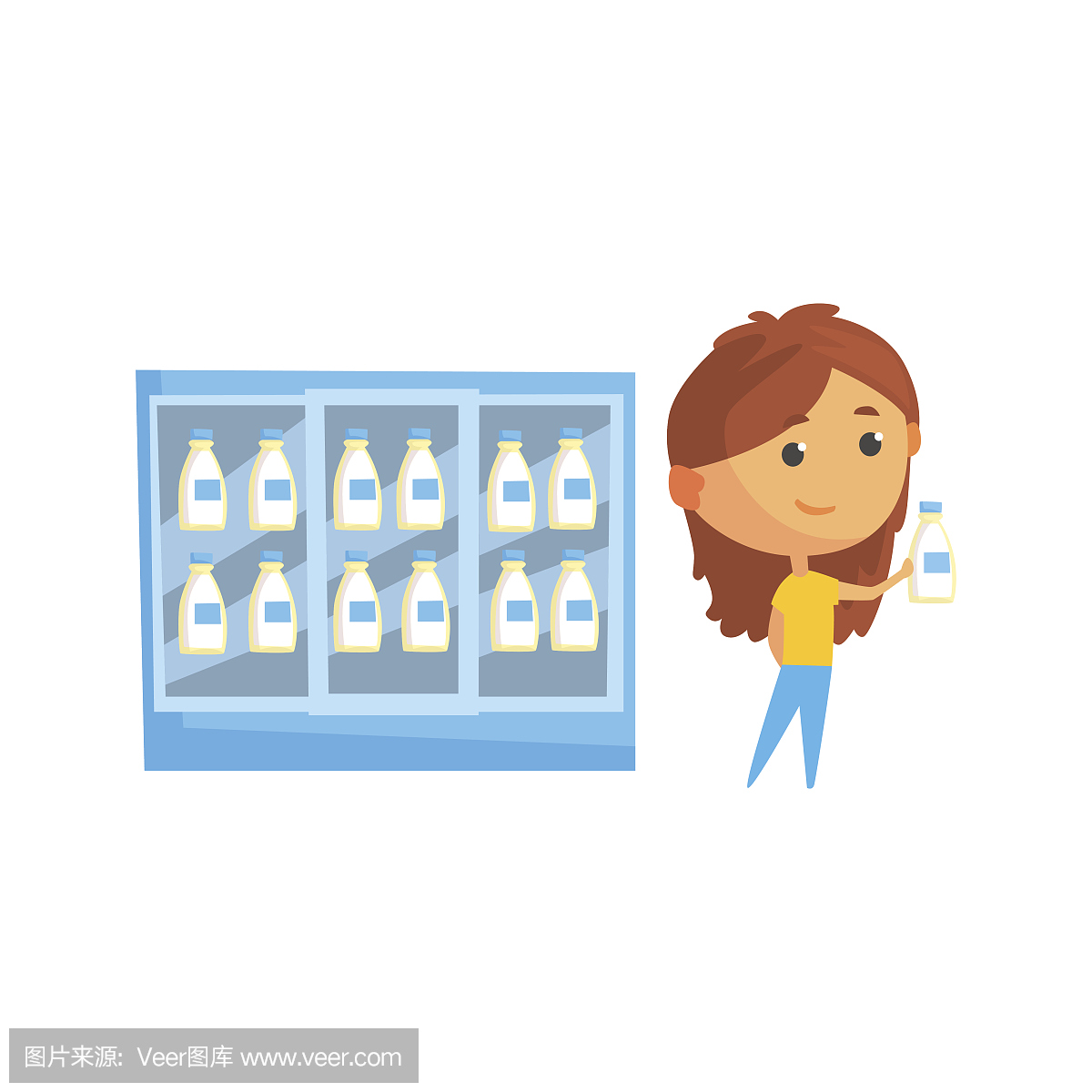 存储冰箱与乳制品,年轻女子在超市购买牛奶卡