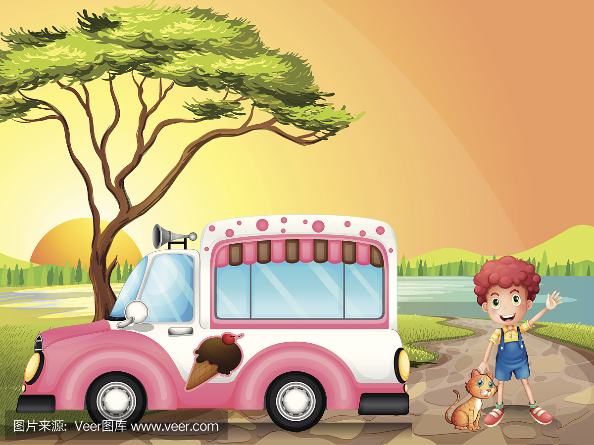 男孩与猫旁边冰淇淋车