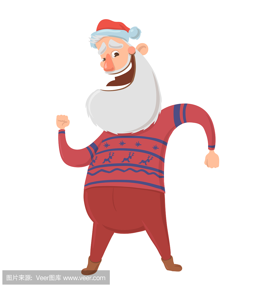 微笑圣诞老人在白色背景上跳舞的红色和蓝色的