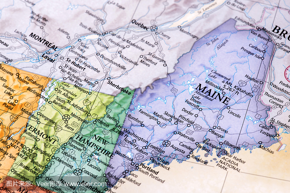 缅因州,新罕布什尔州,佛蒙特州的地图