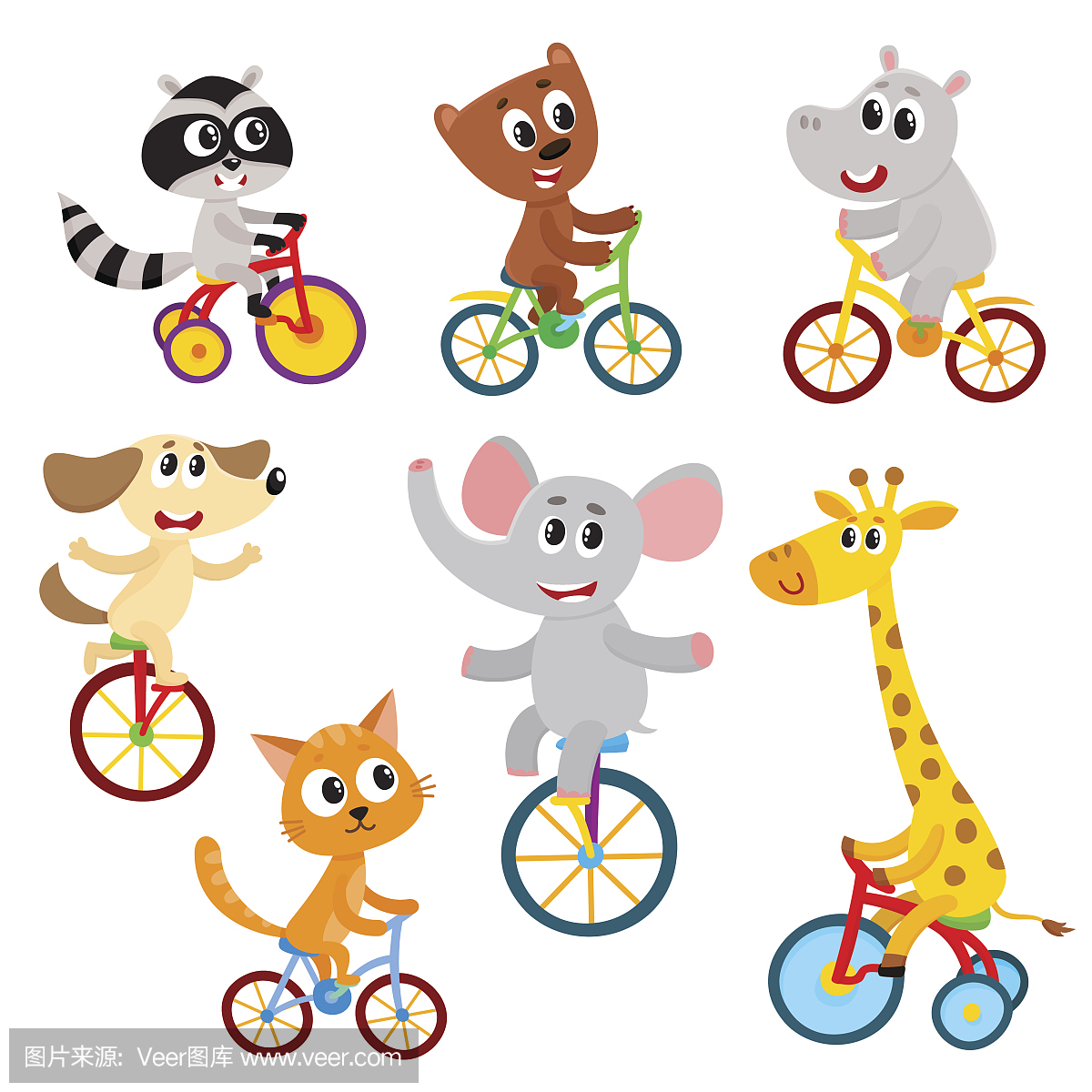 可爱的小动物人物骑单车,自行车,三轮车,骑自行
