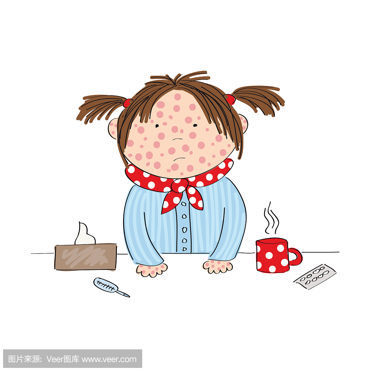 生病的女孩与水痘,麻疹,rubeola或皮疹站在桌子
