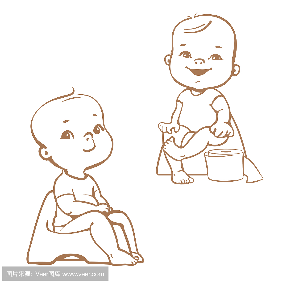 小便训练。婴儿在厕所。草图