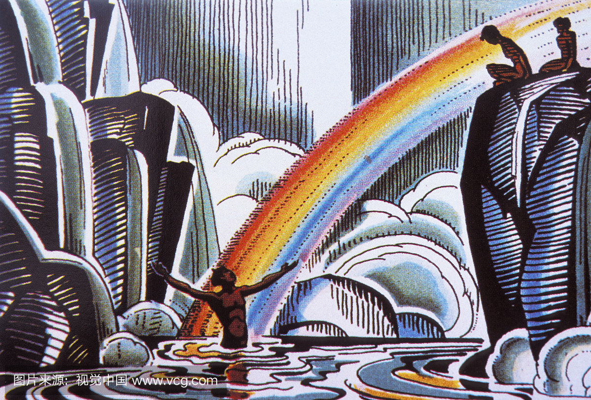 c.1935绘画的瀑布和彩虹与水在中间的武器在空