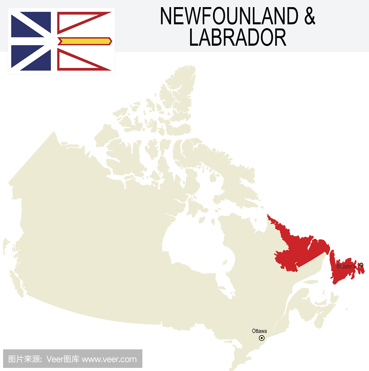 加拿大省:纽芬兰拉布拉多地图和国旗