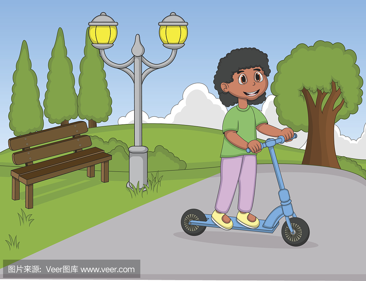 一个女孩在公园卡通骑摩托车