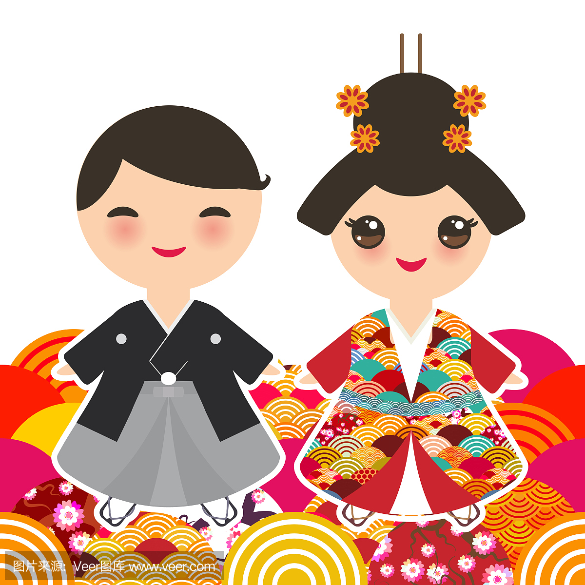 日本男孩和女孩穿着民族服装。和服,传统服饰