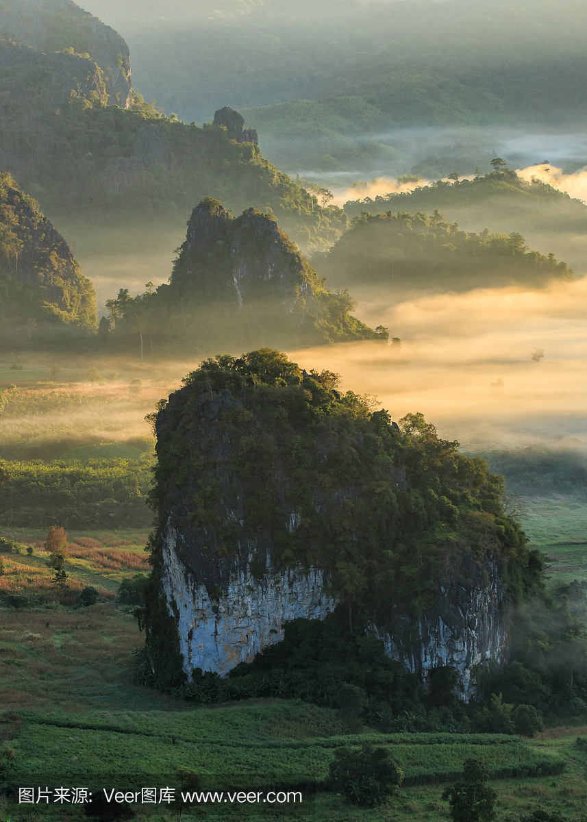 美丽的日出的旅游地方与薄雾在Phu Langka国