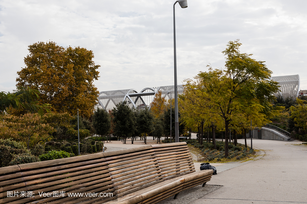 Arganzuela桥,在马德里河流域,树木与秋天的颜