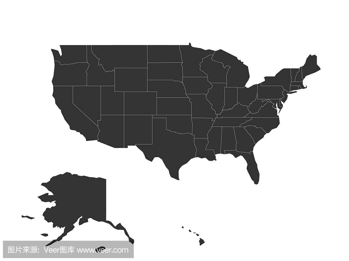 美利坚合众国 - 美国的空白地图。简化的黑暗灰