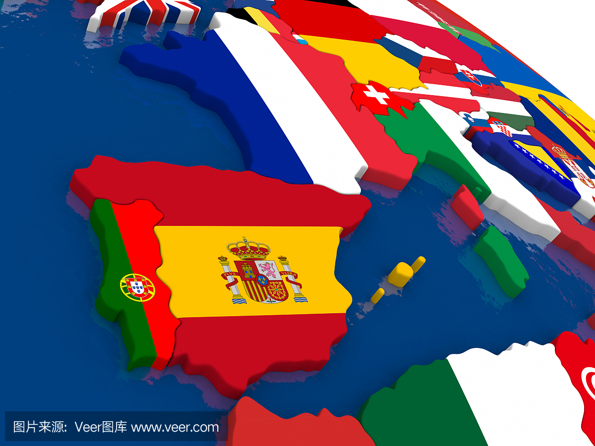 西班牙和葡萄牙在3D地图上的旗帜