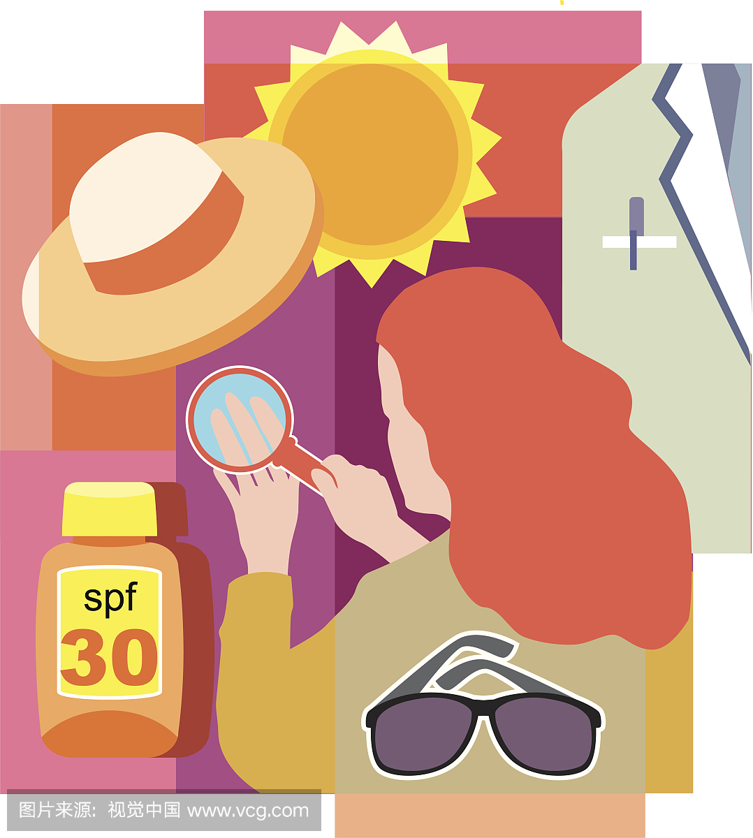 阳的拼贴,帽子,医生白色的外套,太阳镜,防晒霜和