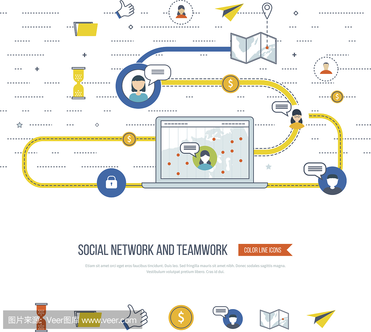 社会网络和团队合作理念。投资管理。
