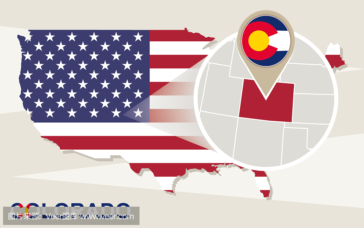 美国地图与放大科罗拉多州。光栅图。