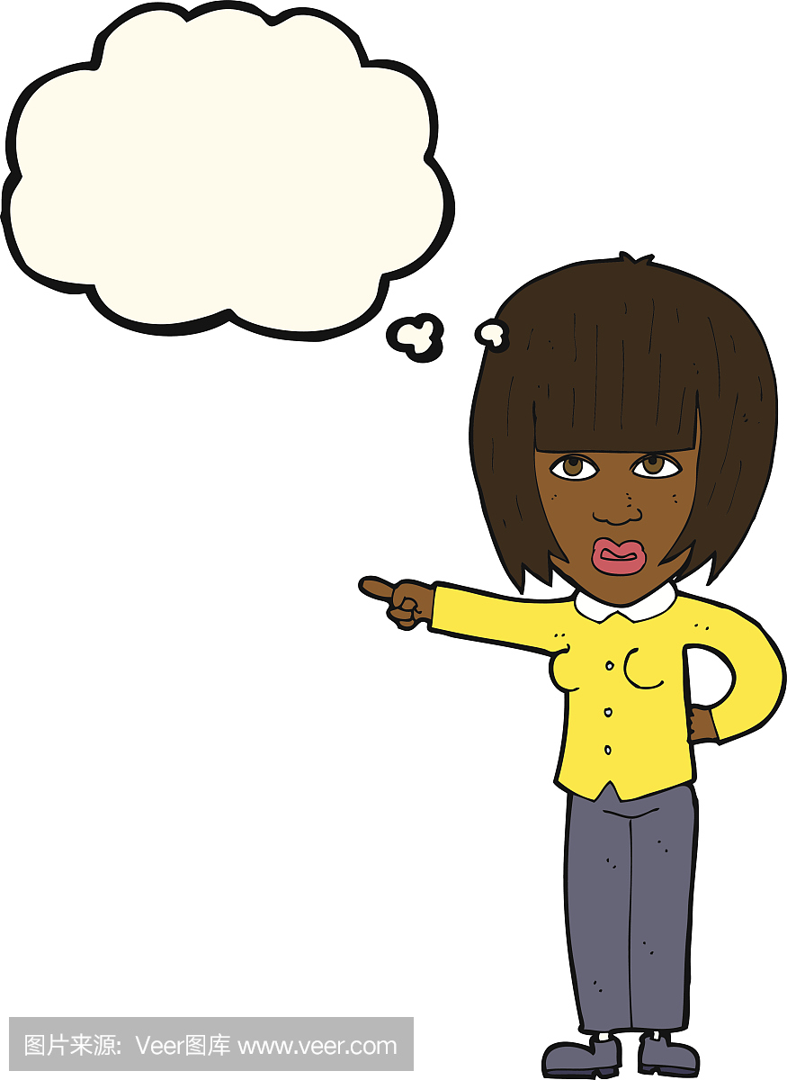 卡通指着恼人的女人与思想泡沫