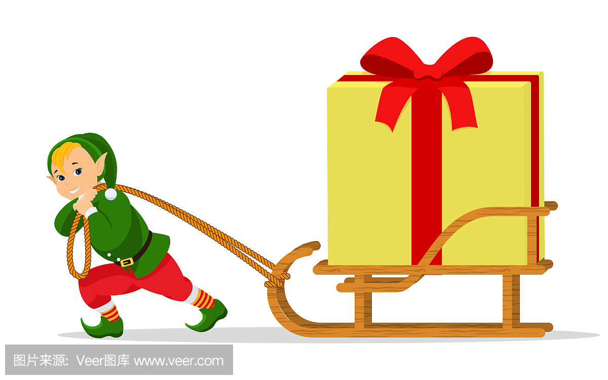 矢量卡通圣诞精灵雪橇与礼品盒