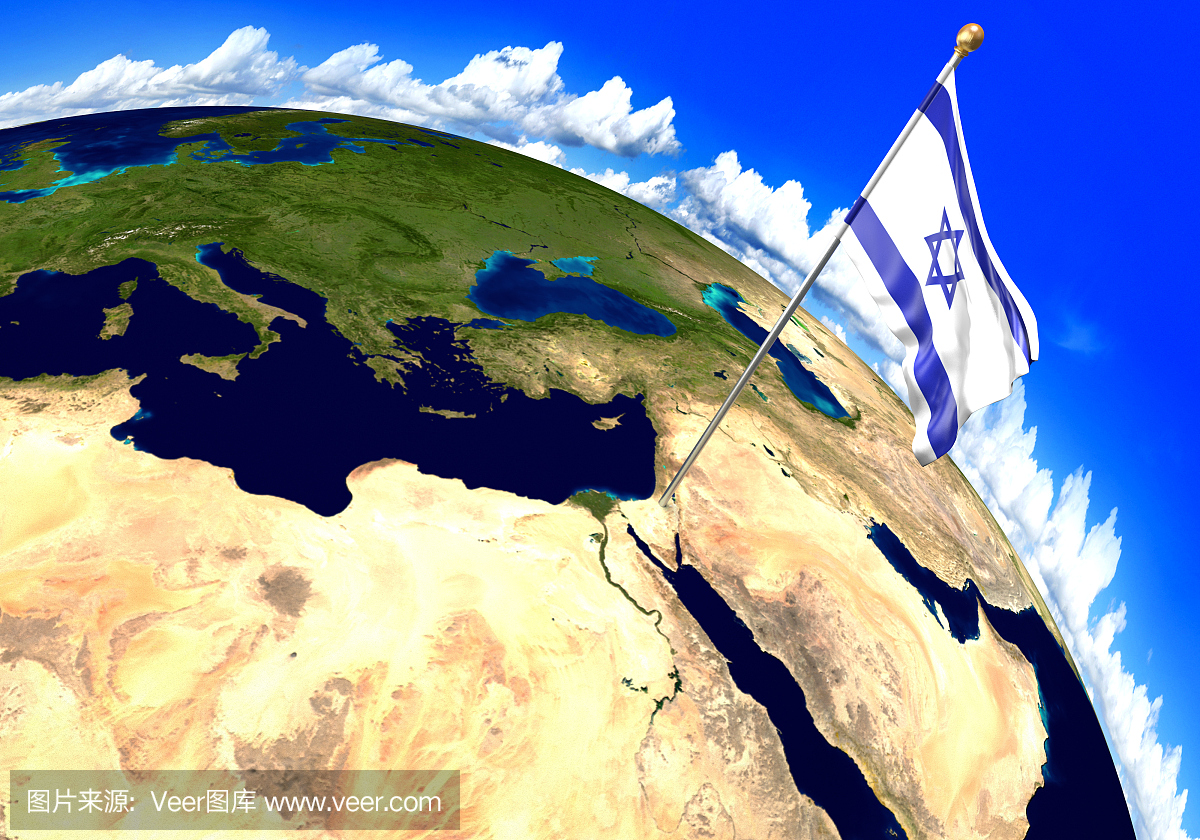以色列国旗标志着世界地图上的国家位置