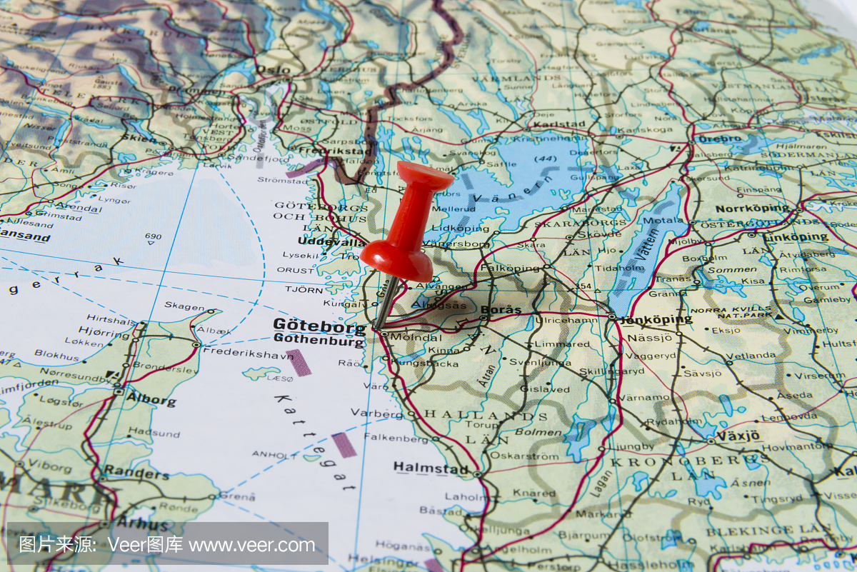 哥德堡在瑞典地图上标有红色图钉