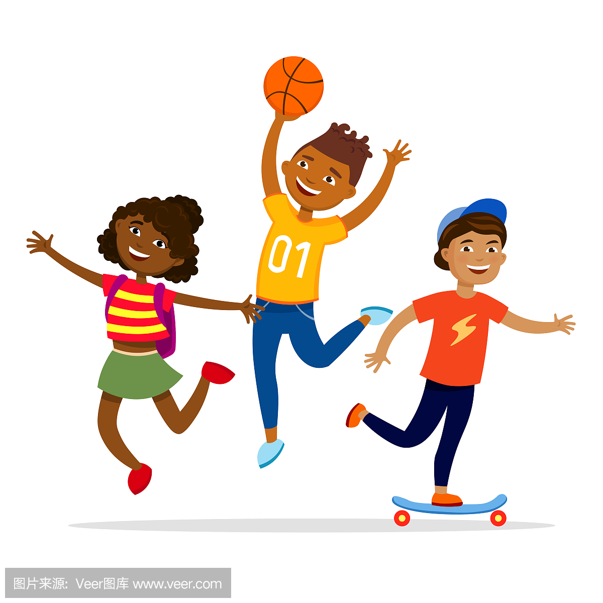 儿童体育活动概念矢量平面插画。快乐的孩子走