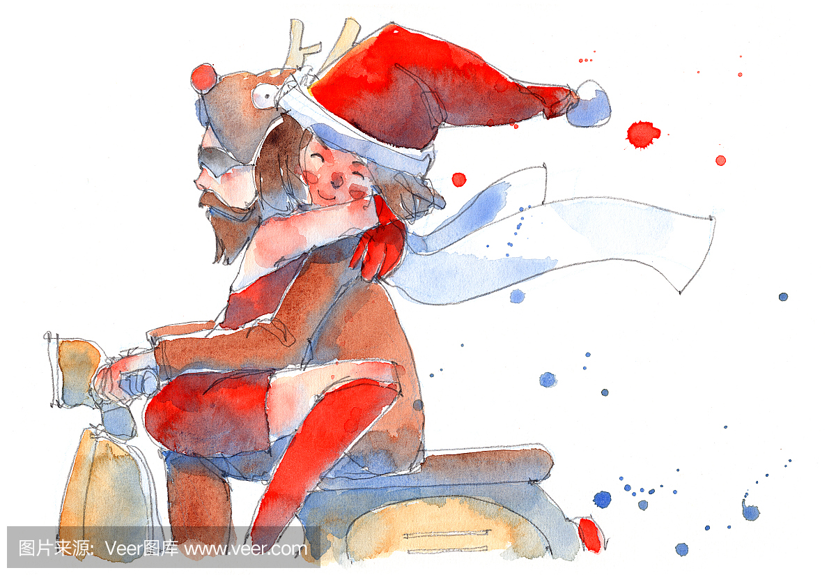 水彩绘画插图组的年轻夫妇在圣诞漂亮的衣服与