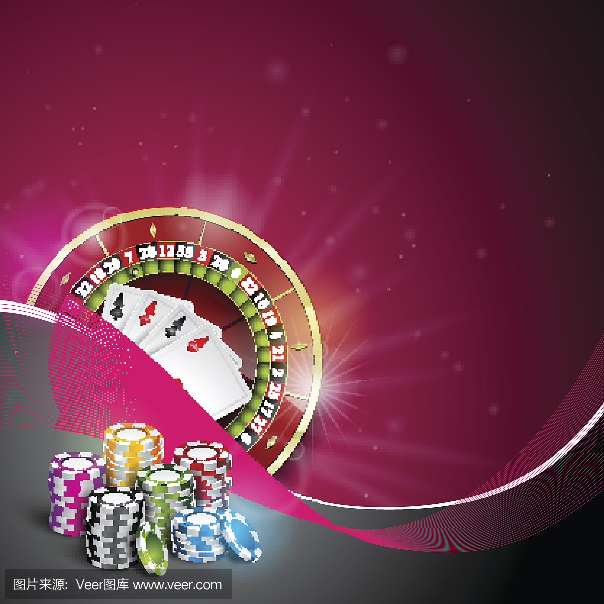矢量图上赌场主题颜色玩筹码,轮盘赌和扑克牌