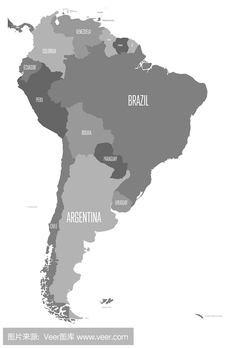 南美洲的政治版图。简单的平面矢量地图与国家