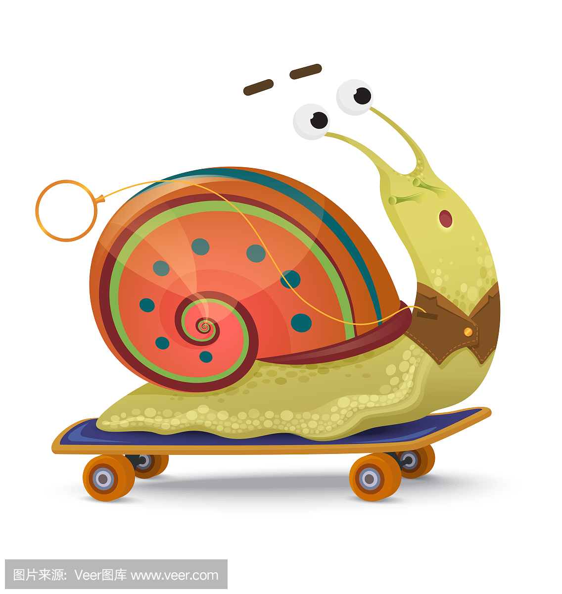 快速的蜗牛。可爱的卡通蜗牛在孤立的滑板上