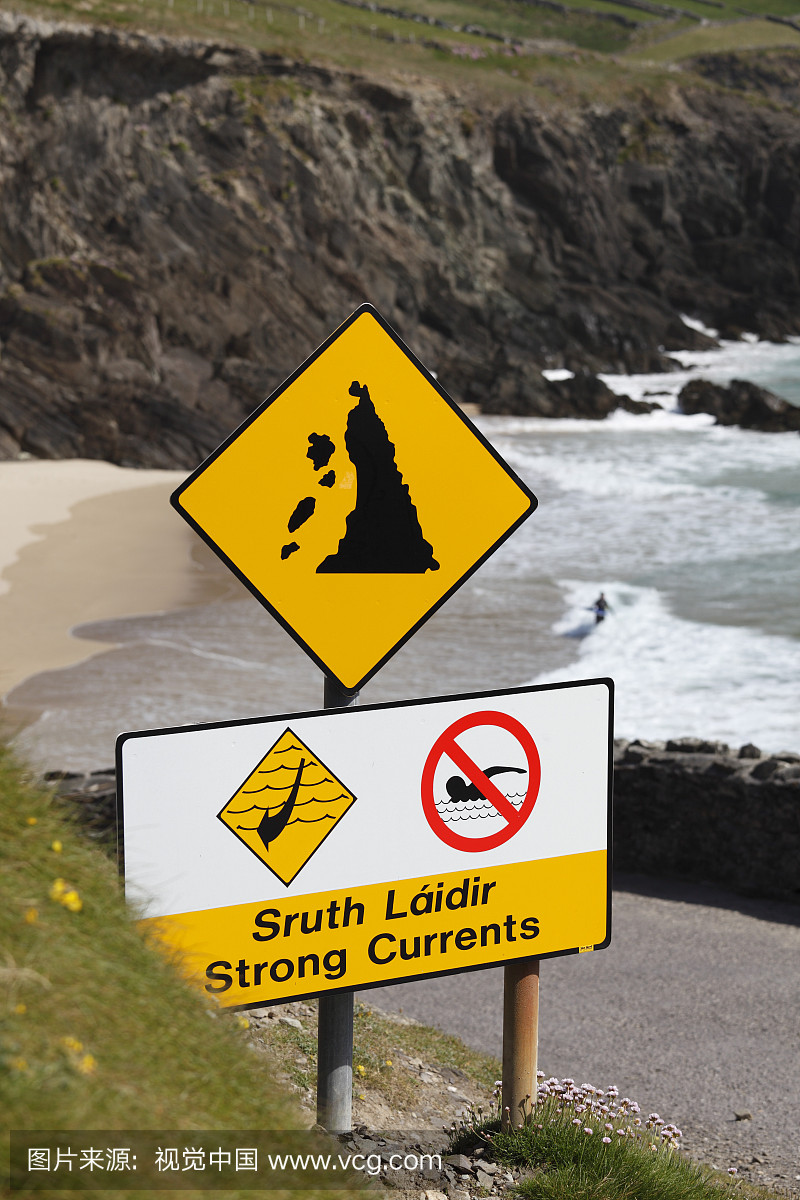 警告标志盖尔语和英语,强力流动,游泳禁止和落