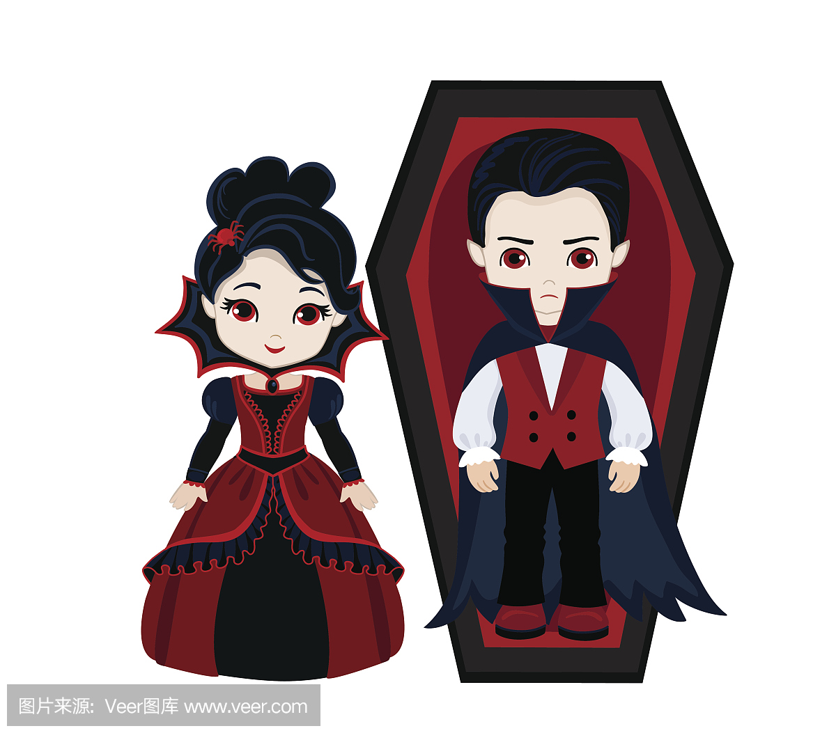 迷人的吸血鬼夫妇。男孩和女孩在吸血鬼服装。