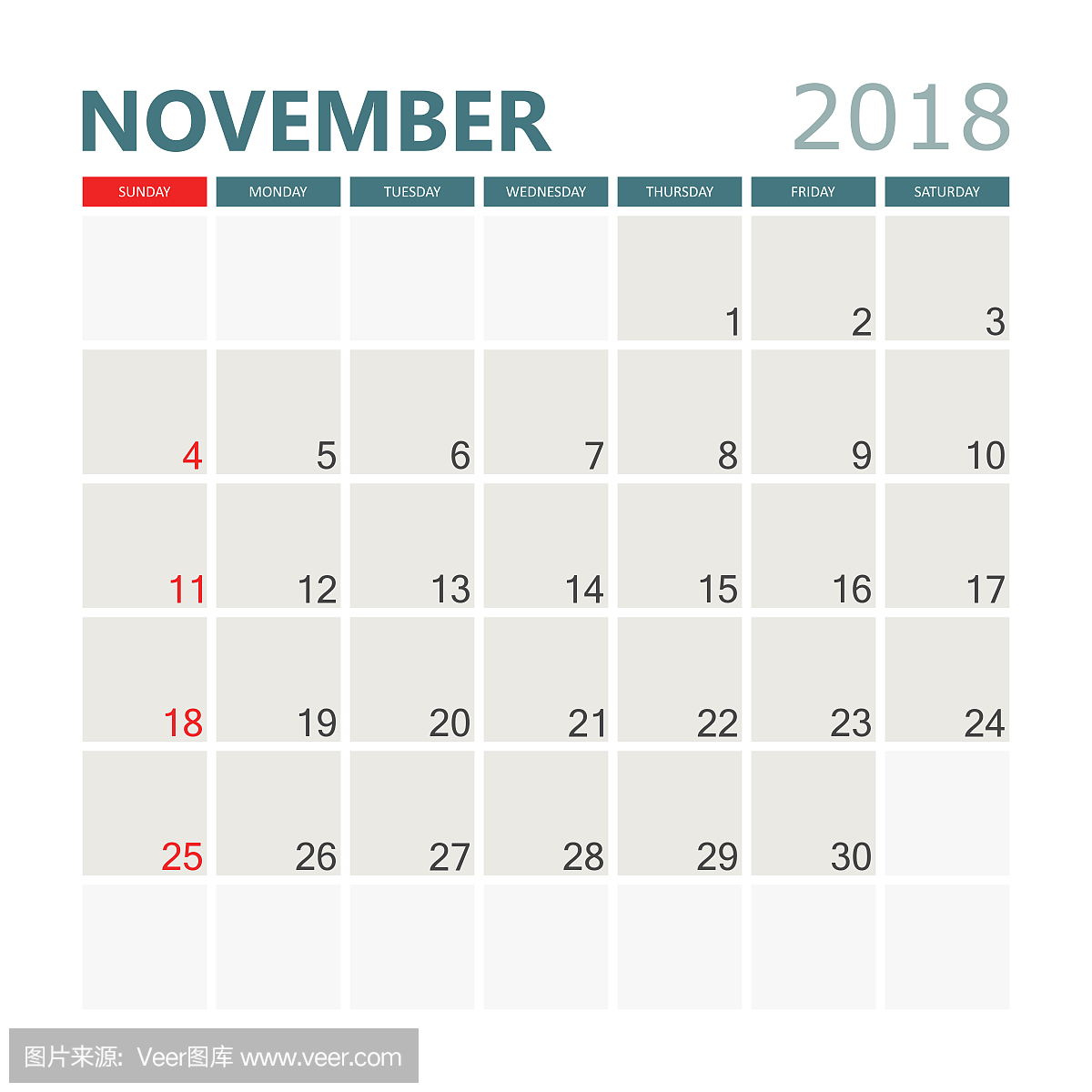 2018年11月的日历。日历计划者设计模板。周