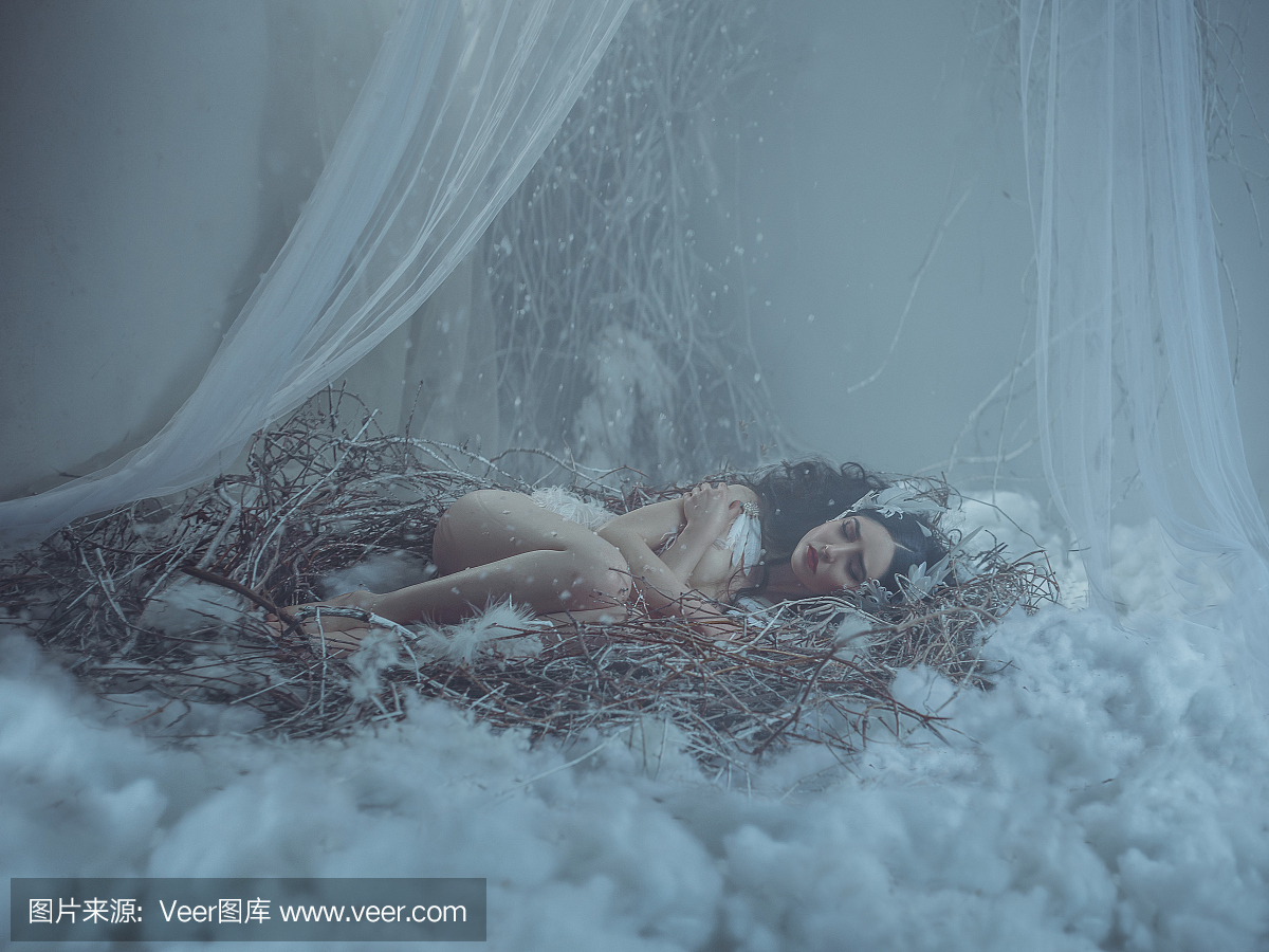 天鹅湖的故事。悲伤的女孩孤独地躺在巢里,完