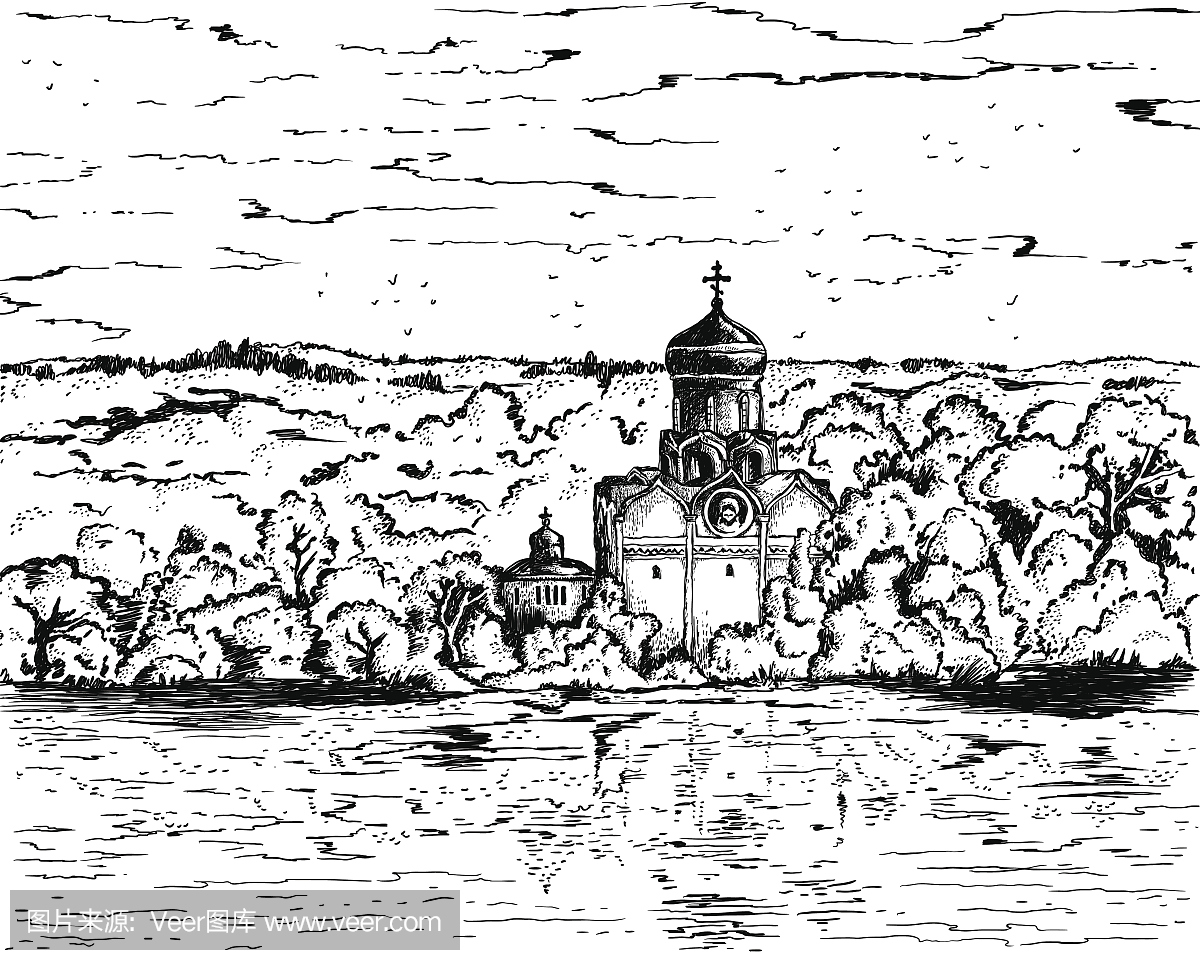 黑色和白色素描插图俄罗斯基督教东正教在村里